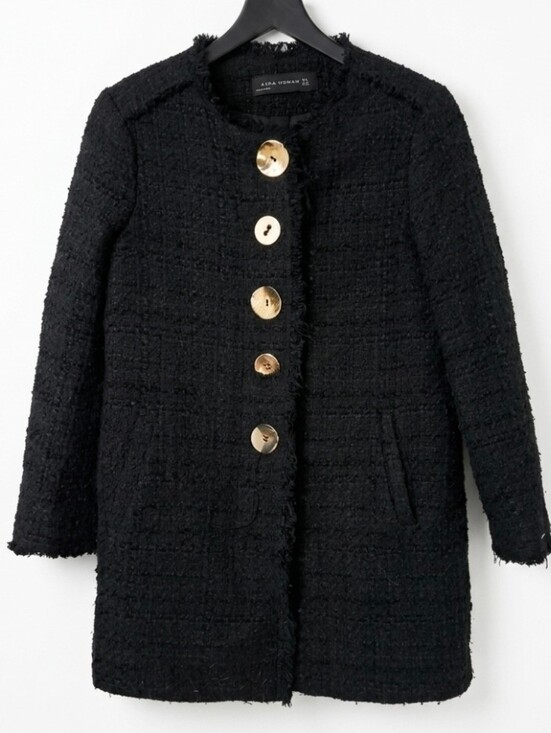 Zara Jackets & Blazers - Zara Tweed Boucle Frayed Trim Collarless Coat Gold Buttons